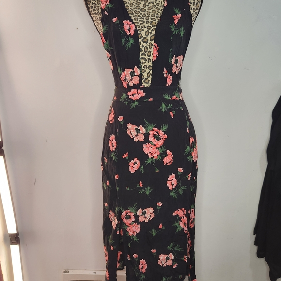 Topshop Dresses & Skirts - Black Midi Dress with Pink Floral Print and Deep V Neck